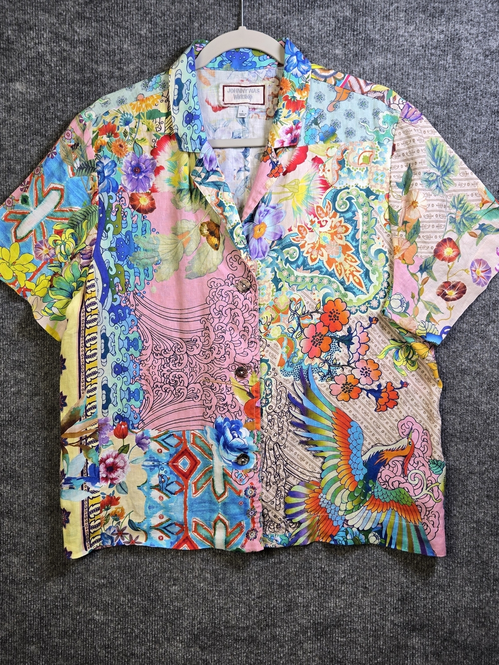 Johnny Was Workshop Top Womens L Pink Green Tropical Linen Short Sleeve Colorful